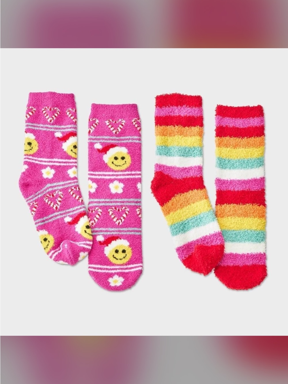 4 pairs - Wondershop Kids Fuzzy Crew Socks - Pink Smiley & Rainbow Stripe